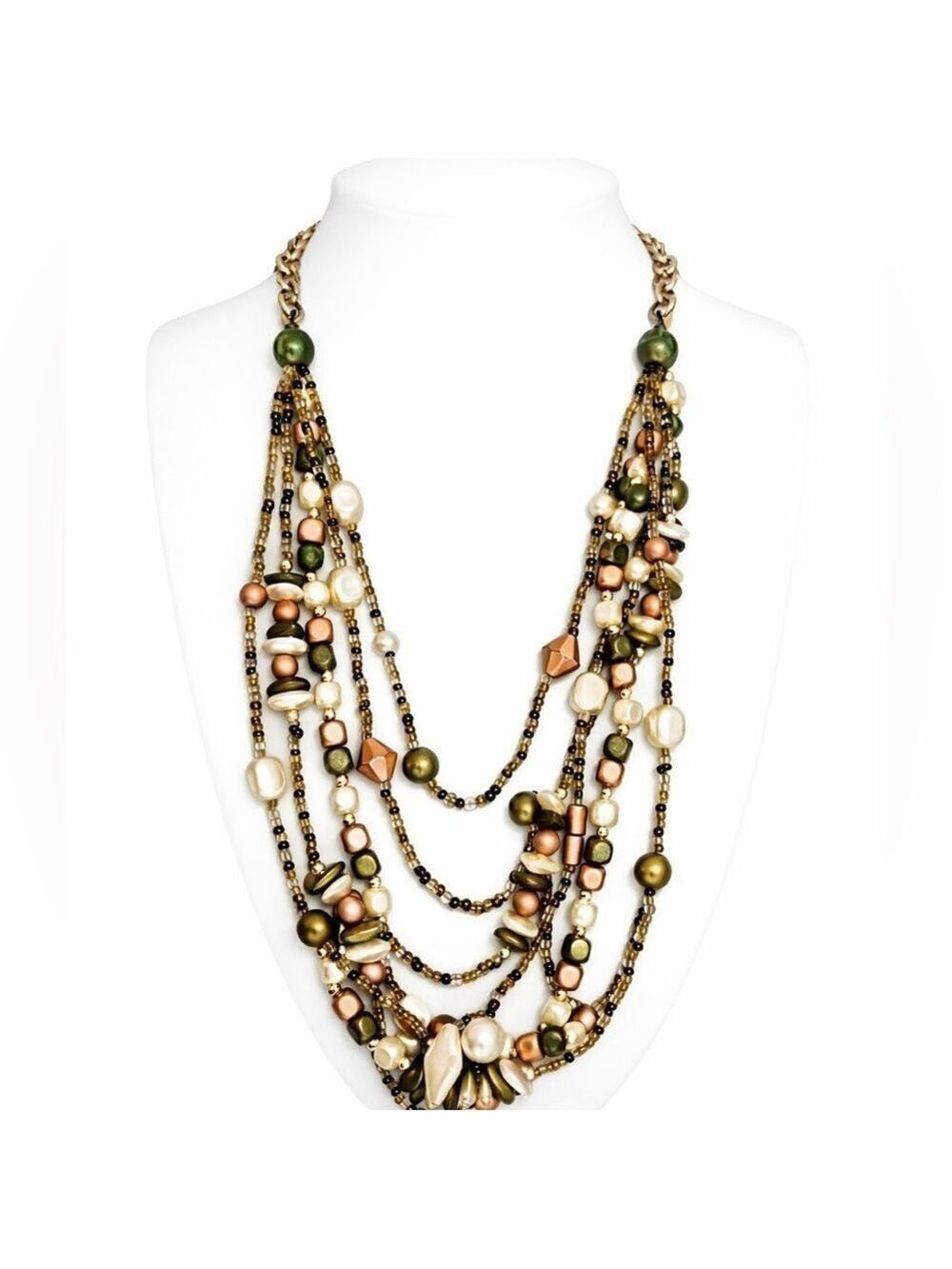 Multi-Strand Beaded Necklace with Pearls & Earth Tones glass beads boho earthy